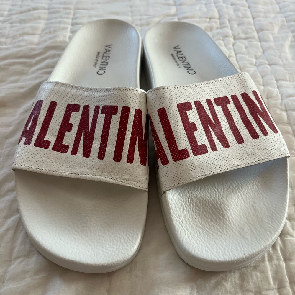 Valentino White Slides with Bold Red Logo